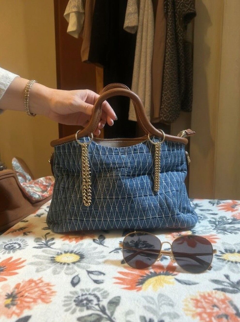 Cato Unique Classic Faux Leather Gold Chain Quilted Jean Zip Satchel Bag Purse